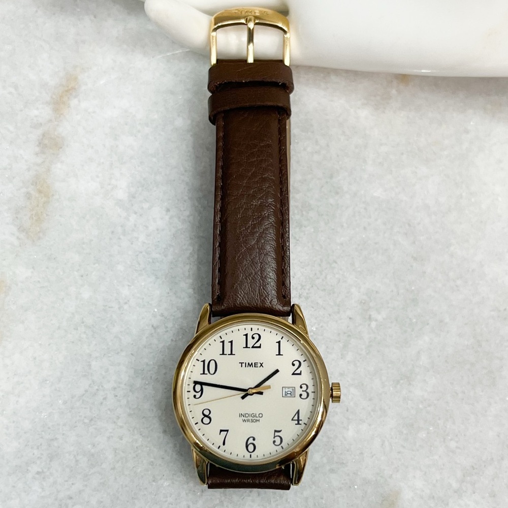 TIMEX INDIGLO WR30M Easy Reader Black/Goldtone Face Chocolate Brown Band